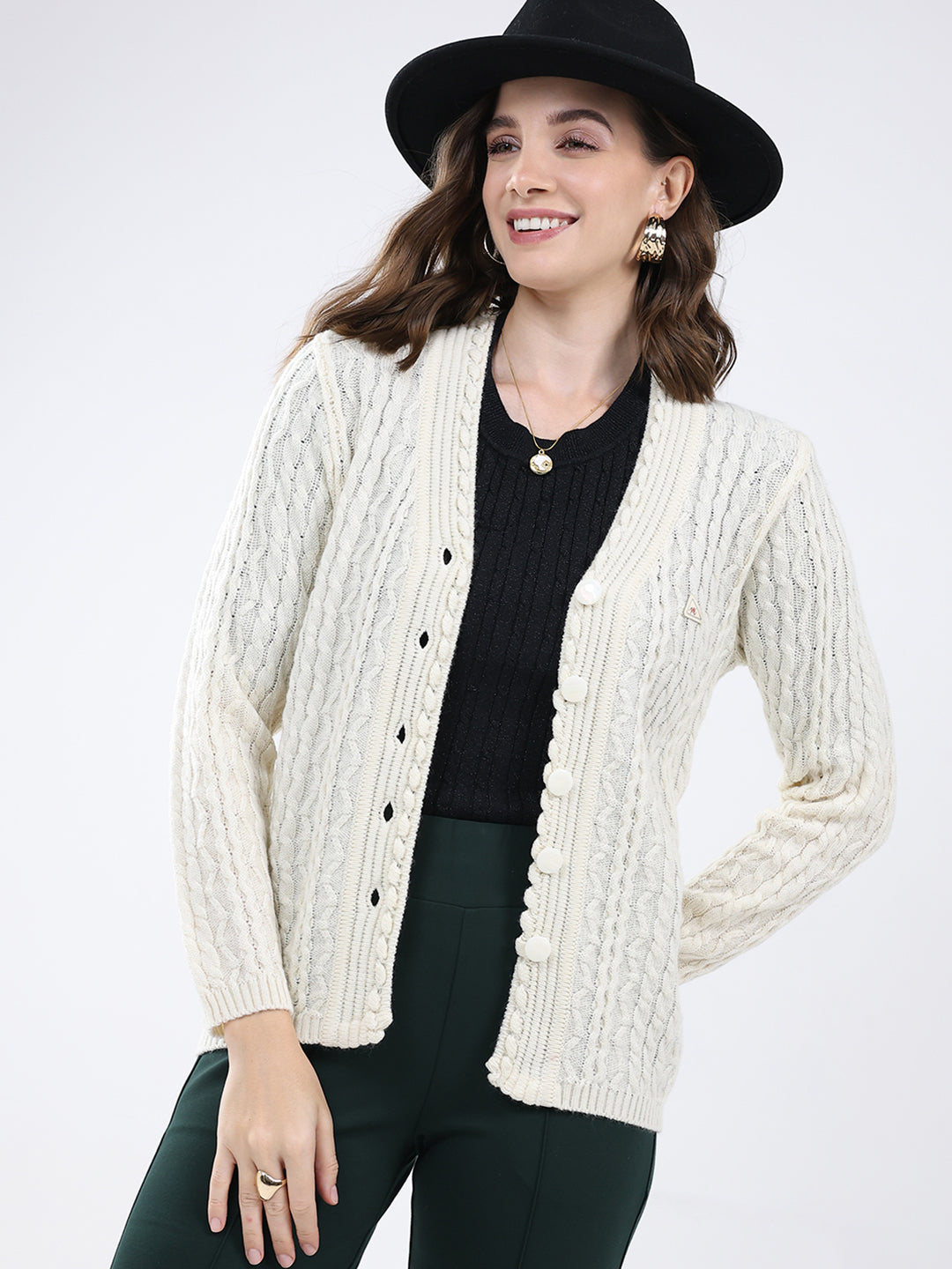 Women White Self Design V Neck Full Sleeve Cardigan