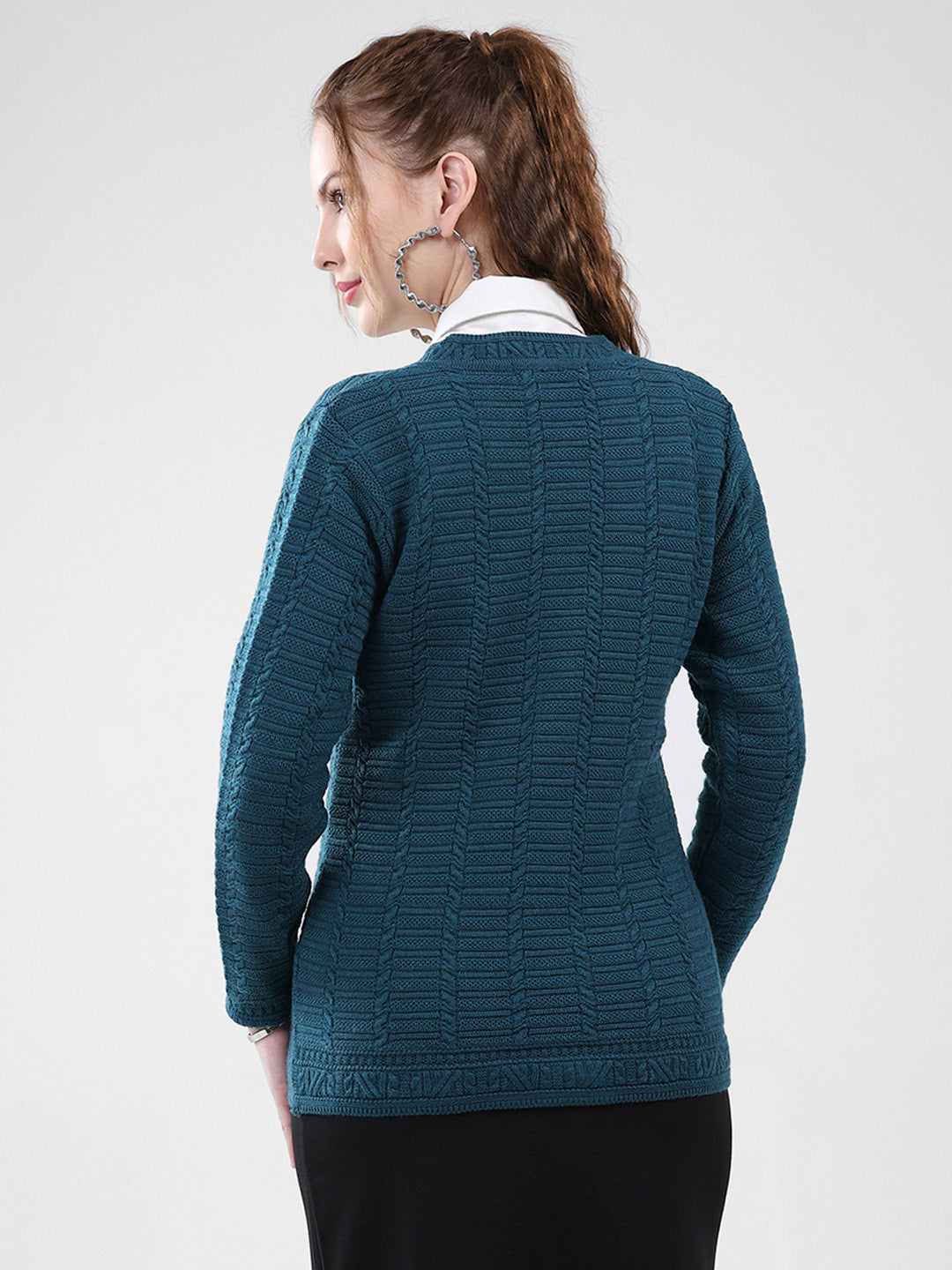 Women Teal Blue Self Design Round Neck Full Sleeve Cardigan