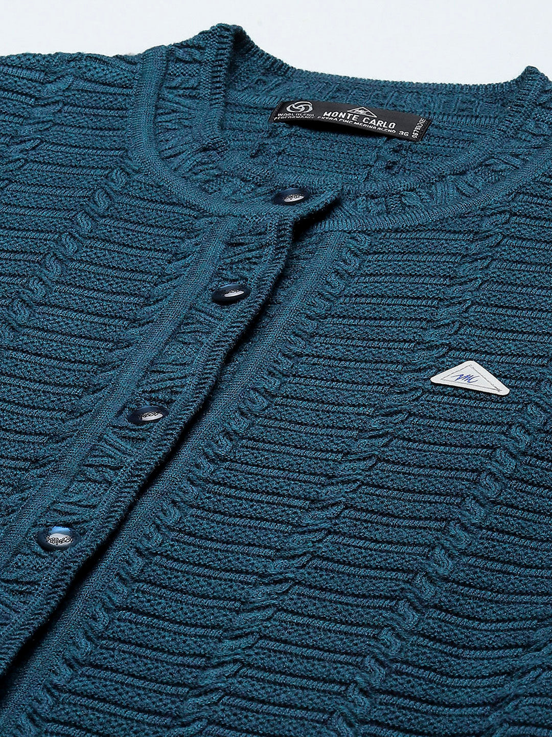 Women Teal Blue Self Design Round Neck Full Sleeve Cardigan