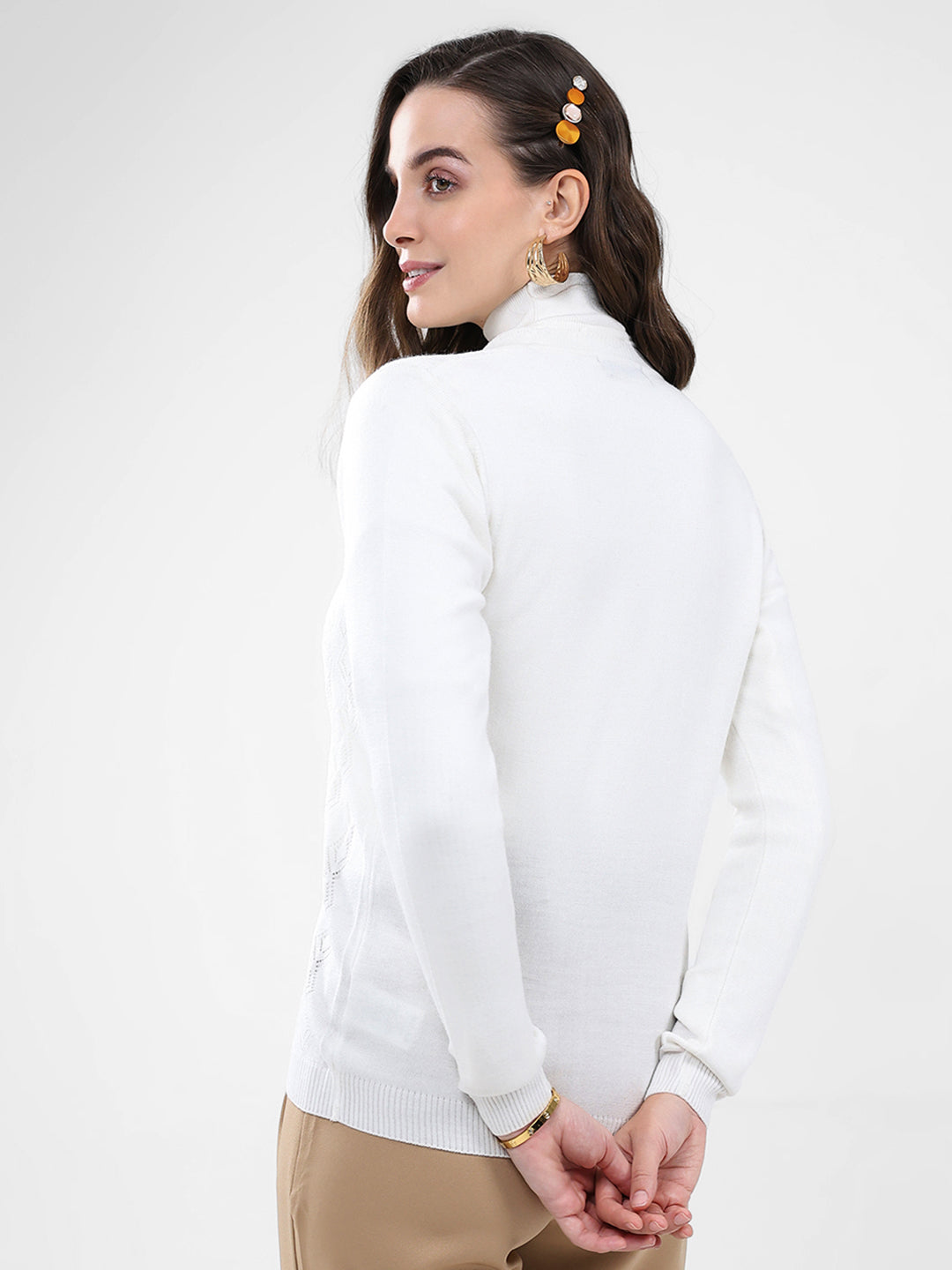 Women White Self Design V Neck Full Sleeve Cardigan