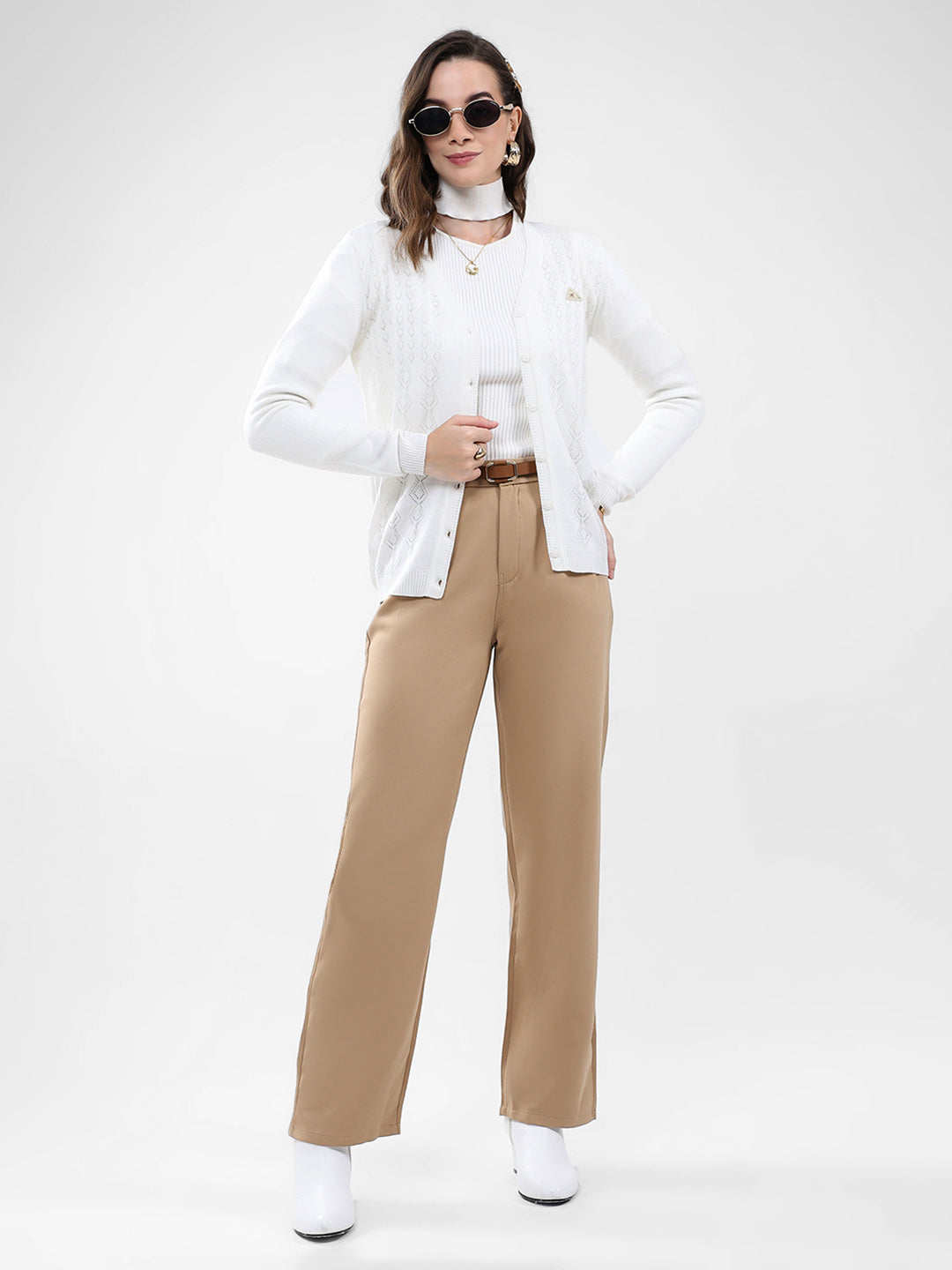 Women White Self Design V Neck Full Sleeve Cardigan