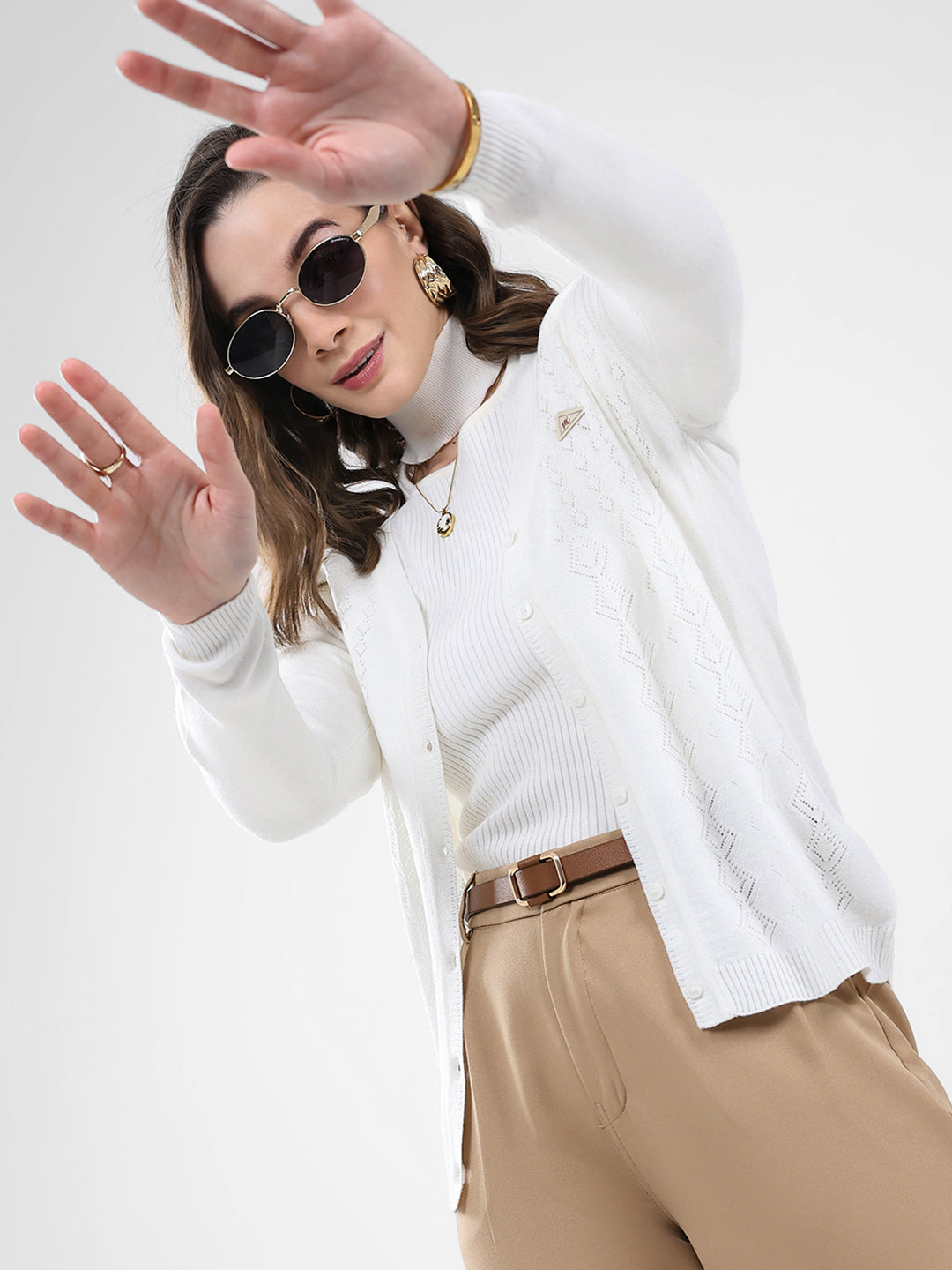 Women White Self Design V Neck Full Sleeve Cardigan