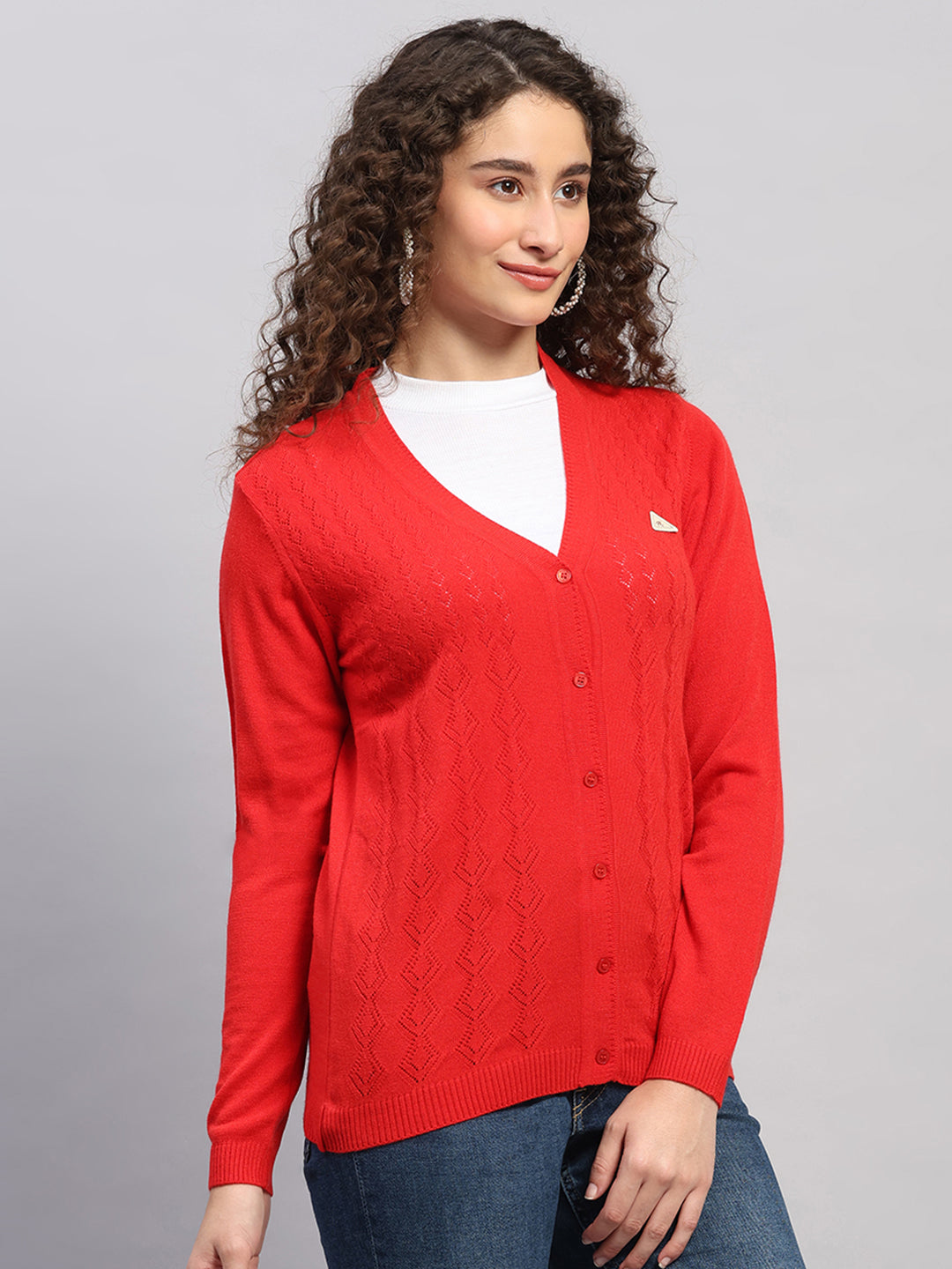 Women Red Self Design V Neck Full Sleeve Cardigan
