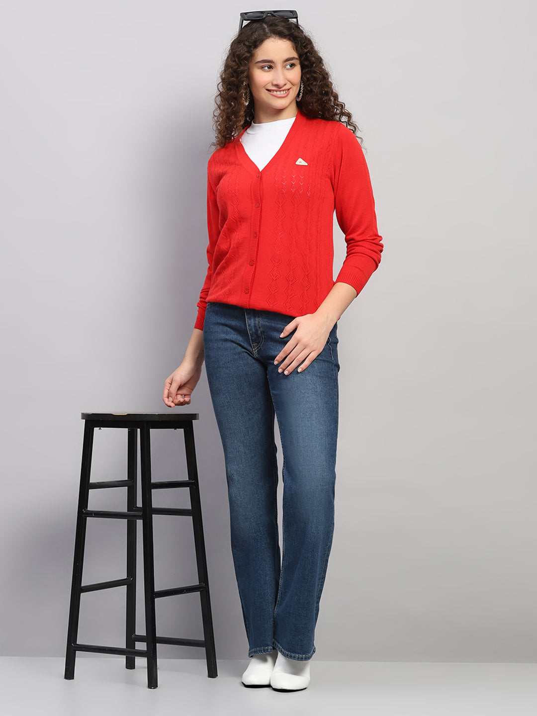 Women Red Self Design V Neck Full Sleeve Cardigan