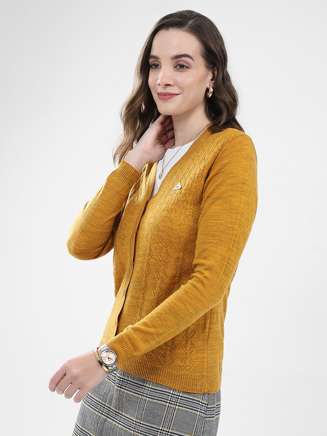Women Mustard Self Design V Neck Full Sleeve Cardigan