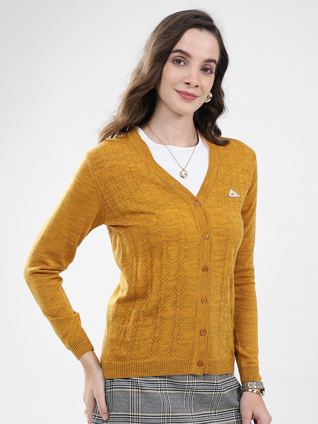 Women Mustard Self Design V Neck Full Sleeve Cardigan