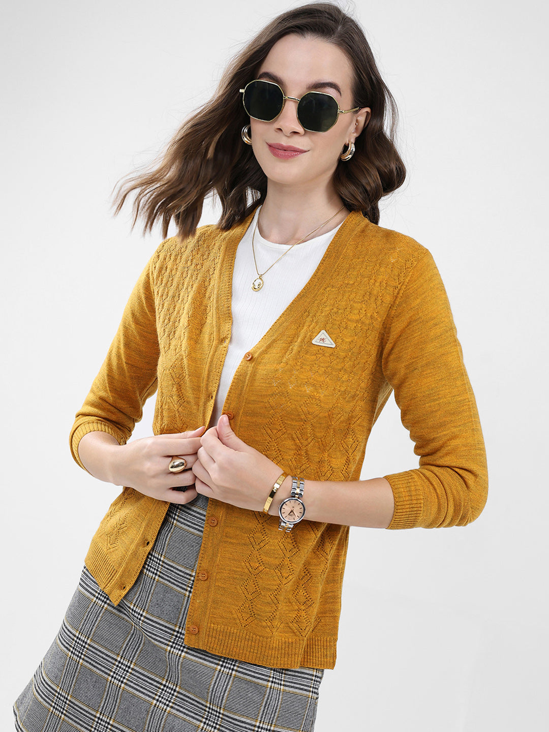 Women Mustard Self Design V Neck Full Sleeve Cardigan