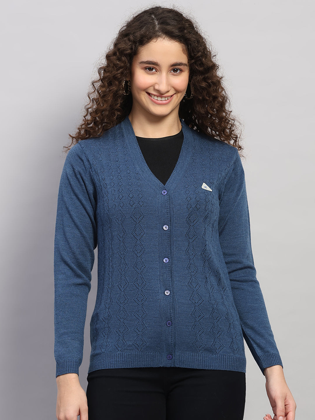 Women Blue Self Design V Neck Full Sleeve Cardigan