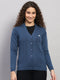 Women Blue Self Design V Neck Full Sleeve Cardigan