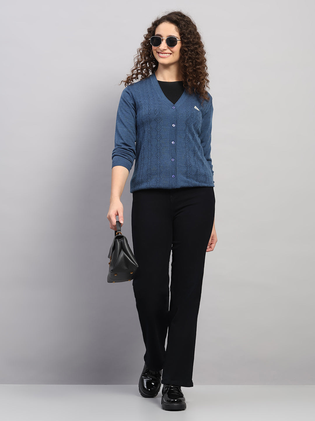 Women Blue Self Design V Neck Full Sleeve Cardigan
