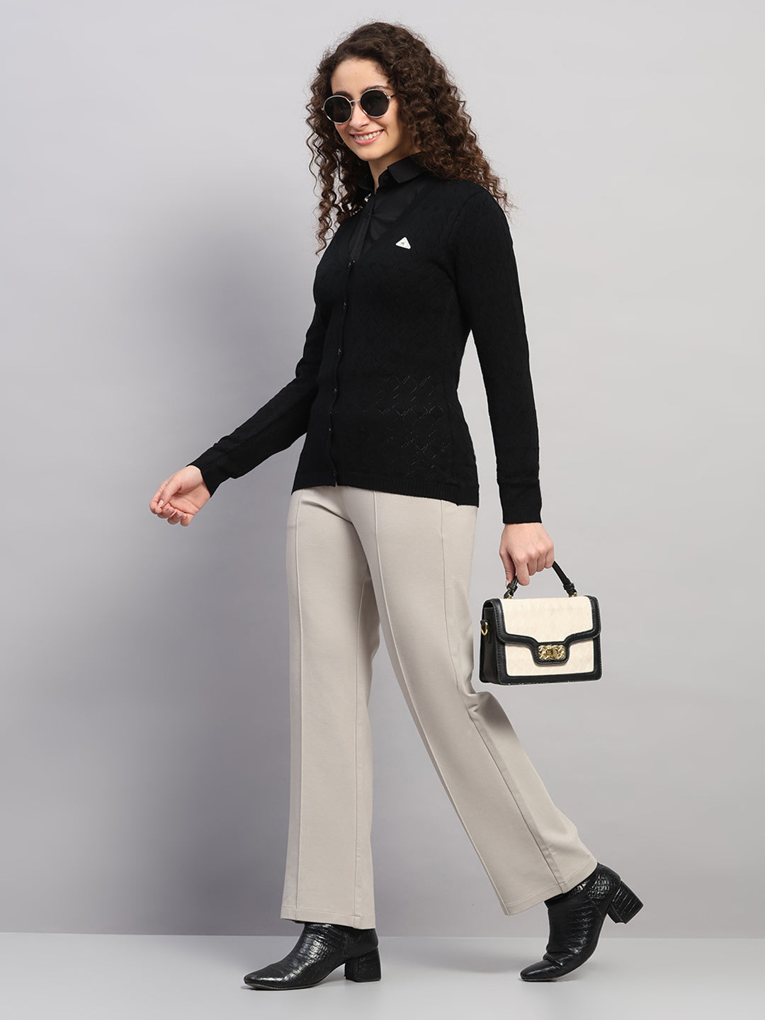 Women Black Self Design V Neck Full Sleeve Cardigan