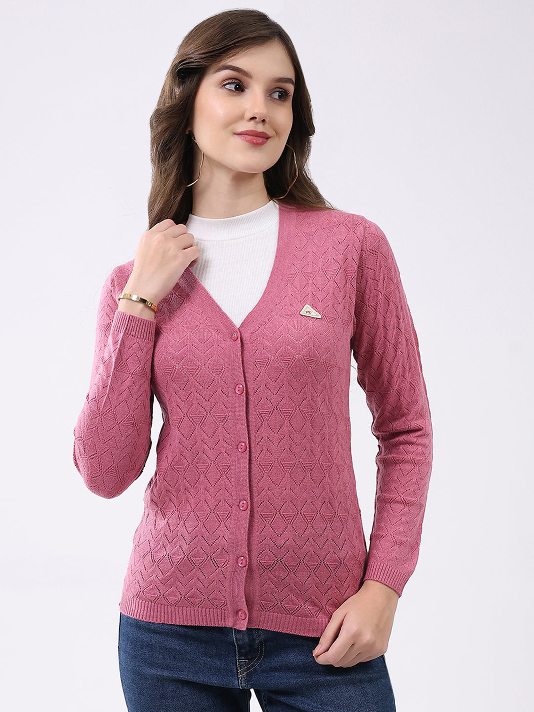 Women Pink Self Design V Neck Full Sleeve Cardigan
