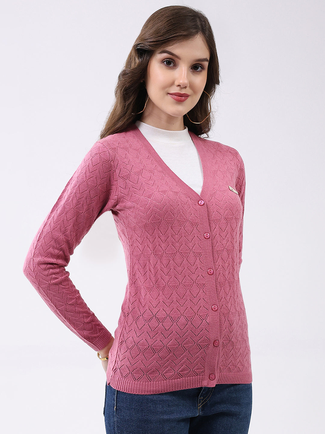 Women Pink Self Design V Neck Full Sleeve Cardigan