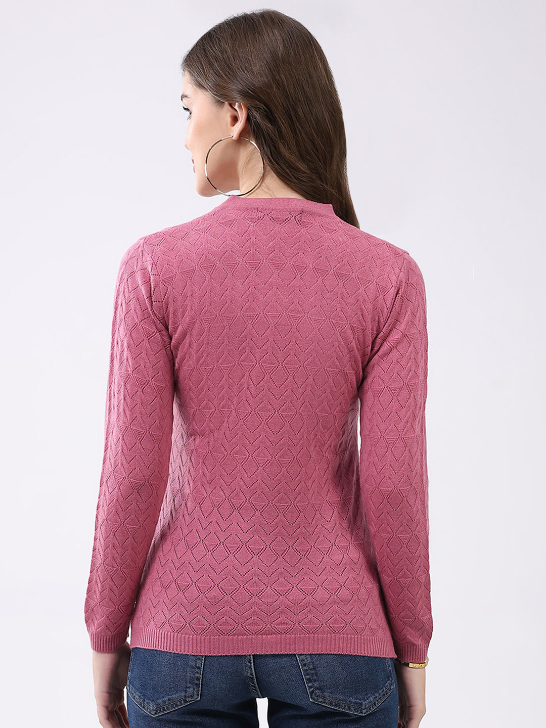 Women Pink Self Design V Neck Full Sleeve Cardigan