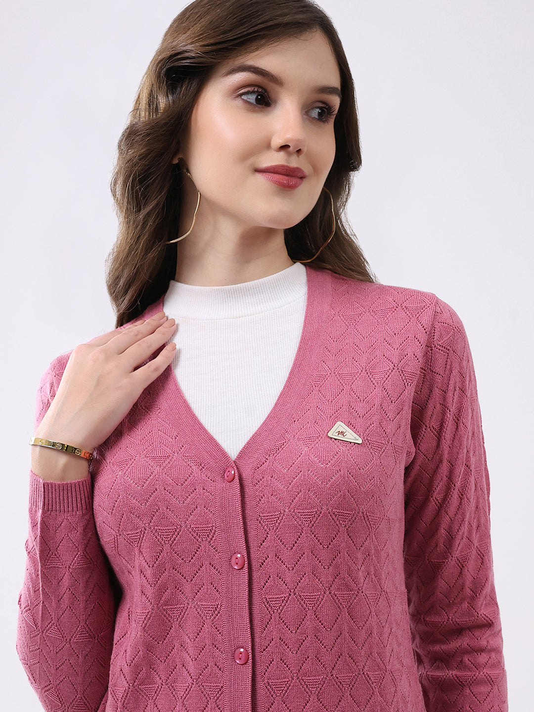 Women Pink Self Design V Neck Full Sleeve Cardigan