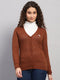 Women Brown Self Design V Neck Full Sleeve Cardigan