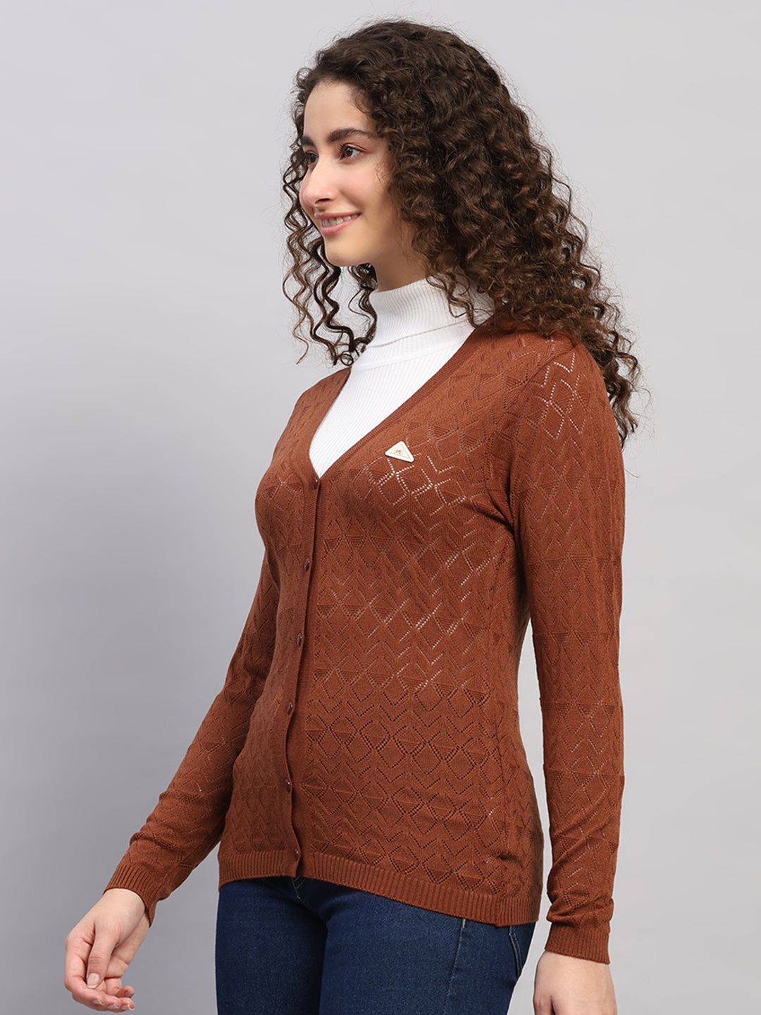 Women Brown Self Design V Neck Full Sleeve Cardigan