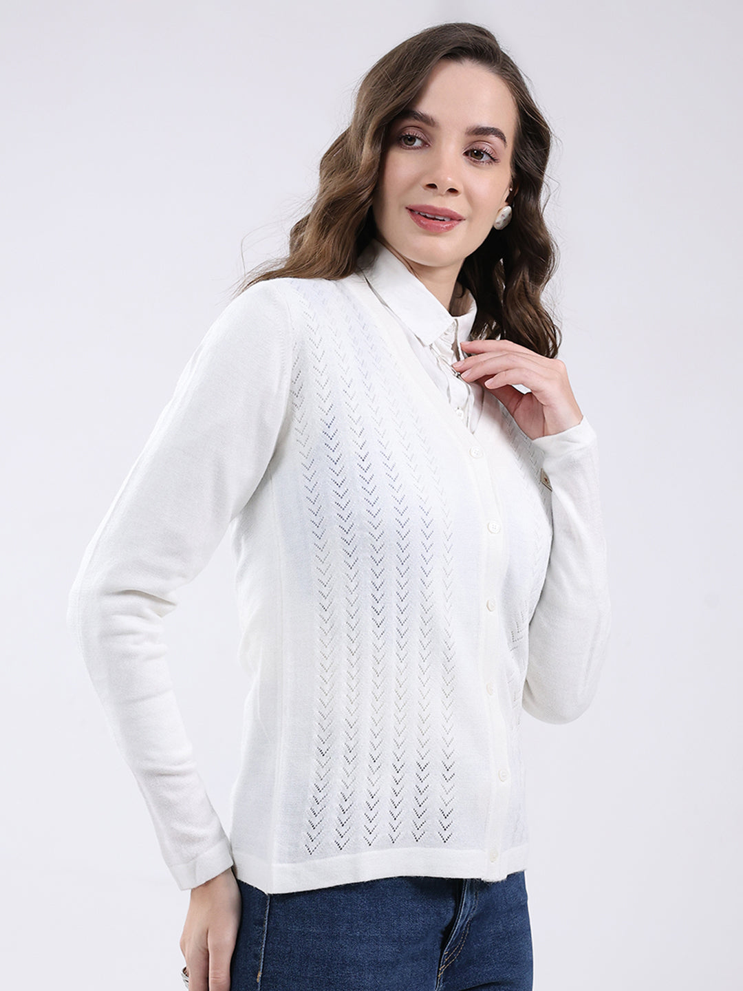 Women White Self Design V Neck Full Sleeve Cardigan