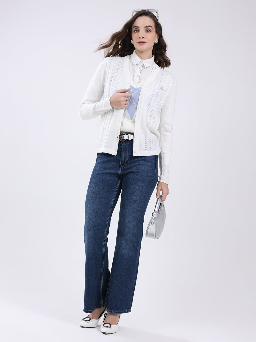 Women White Self Design V Neck Full Sleeve Cardigan