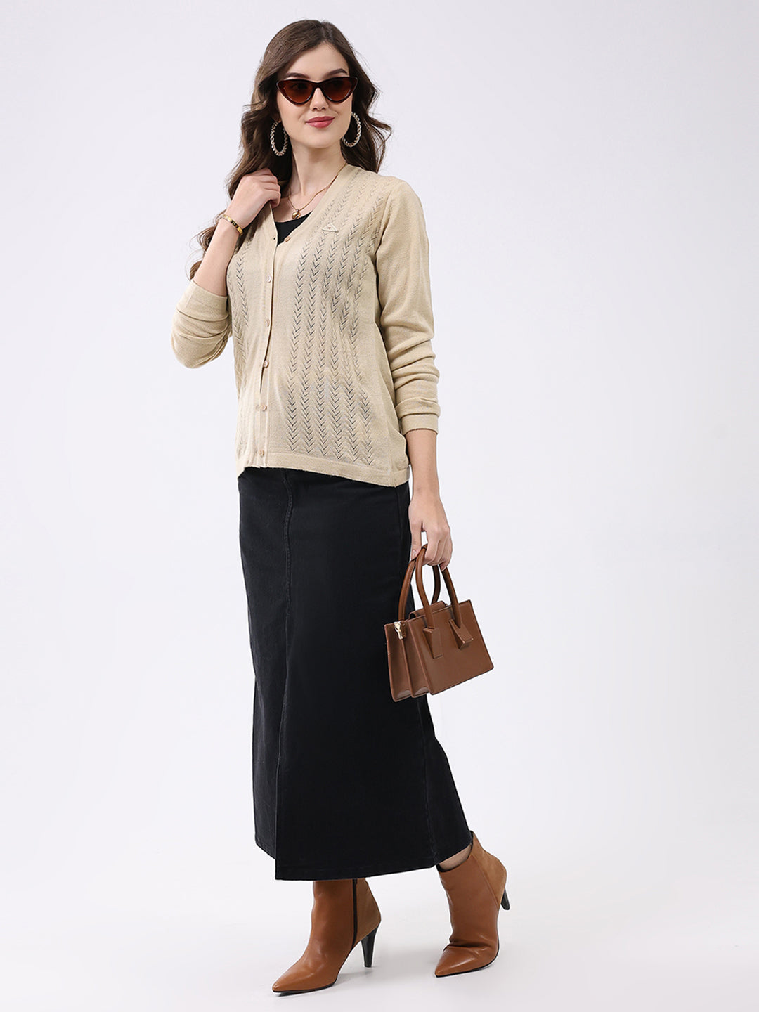 Women Beige Self Design V Neck Full Sleeve Cardigan