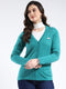 Women Teal Blue Self Design V Neck Full Sleeve Cardigan