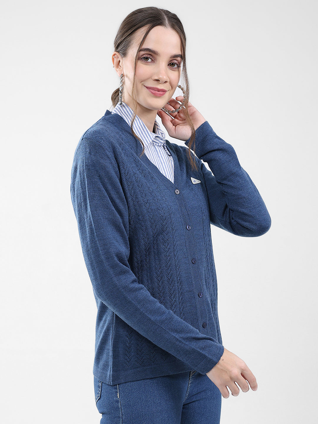 Women Blue Self Design V Neck Full Sleeve Cardigan