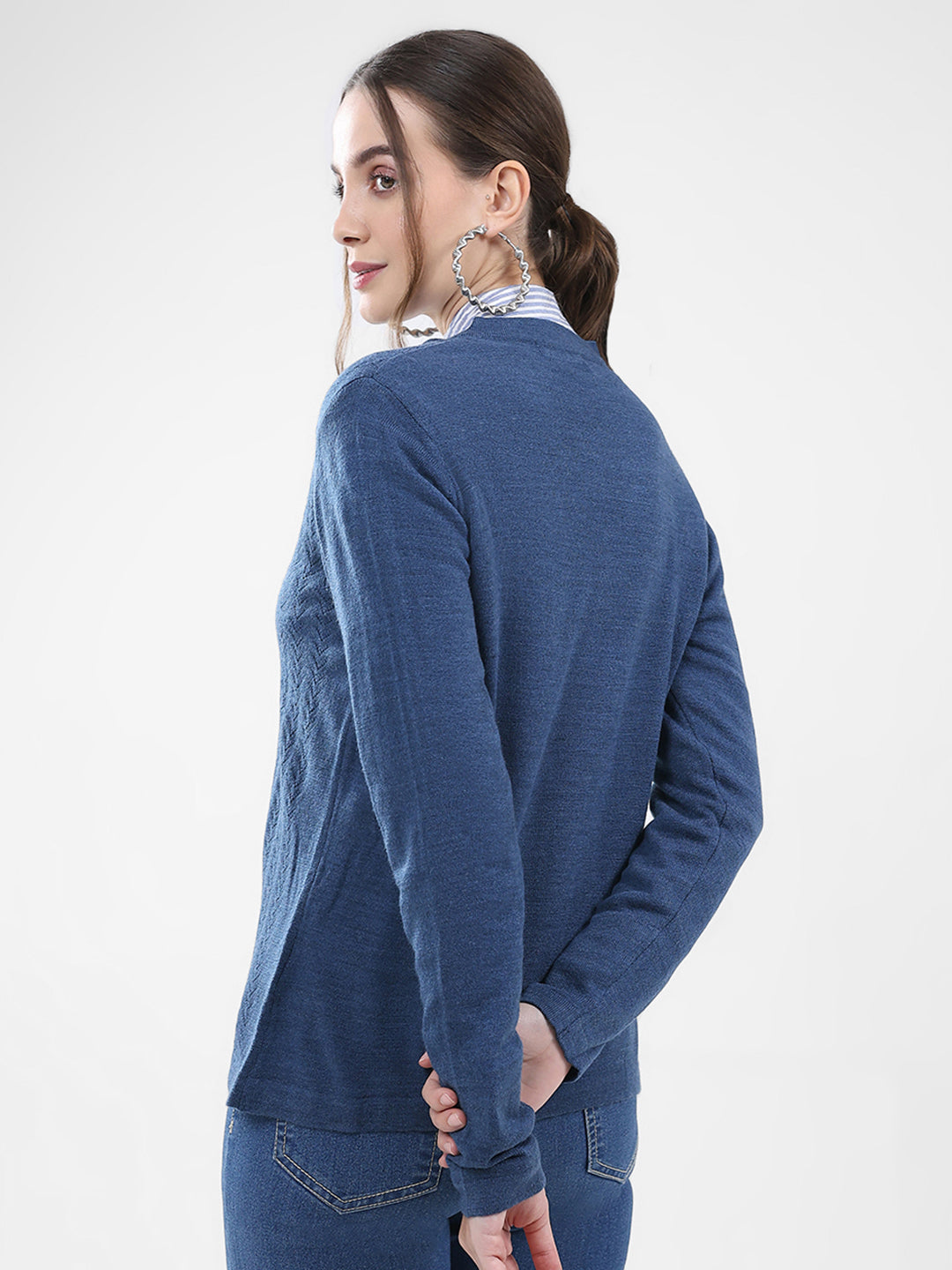 Women Blue Self Design V Neck Full Sleeve Cardigan
