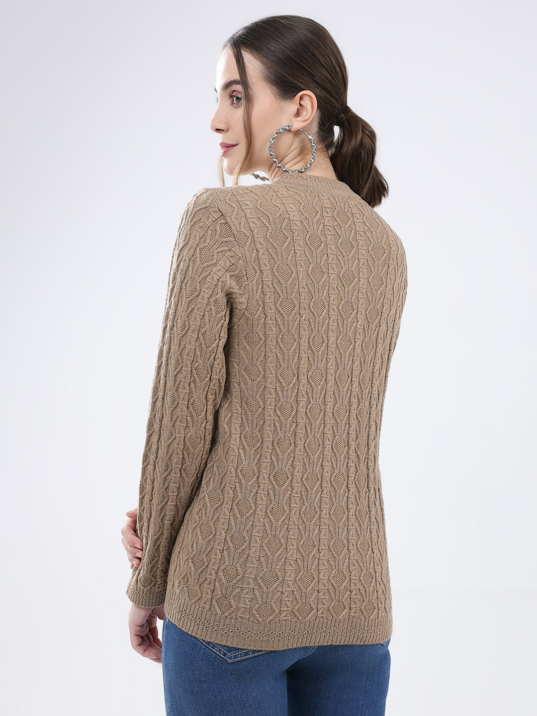 Women Khaki Self Design V Neck Full Sleeve Cardigan