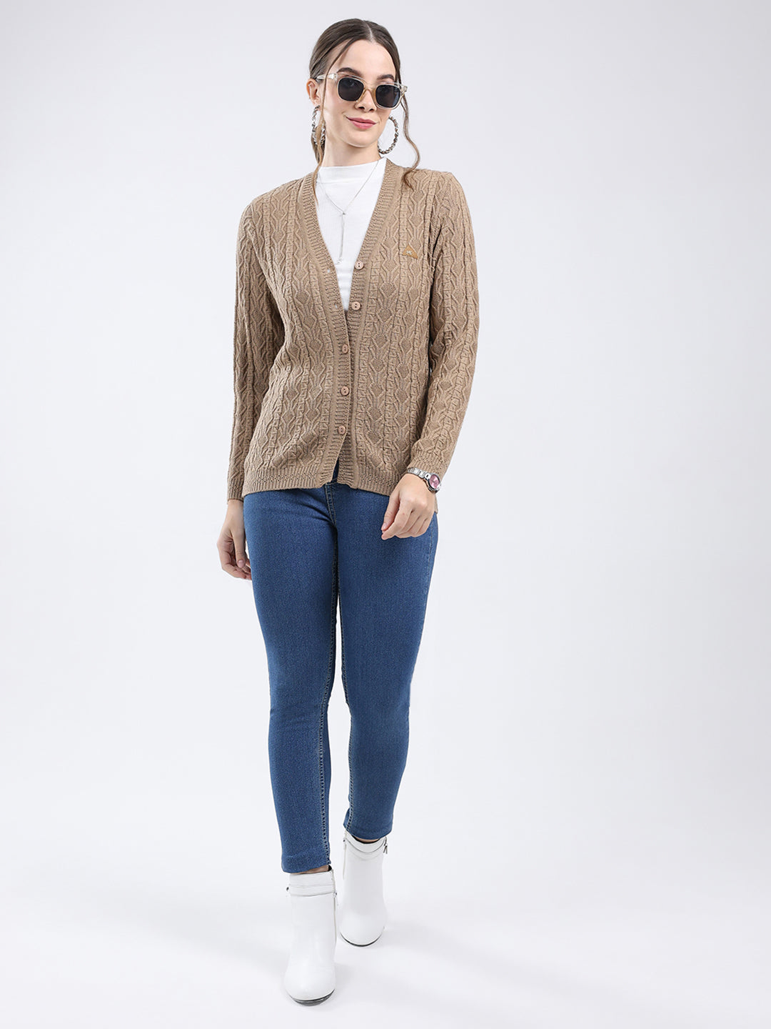 Women Khaki Self Design V Neck Full Sleeve Cardigan