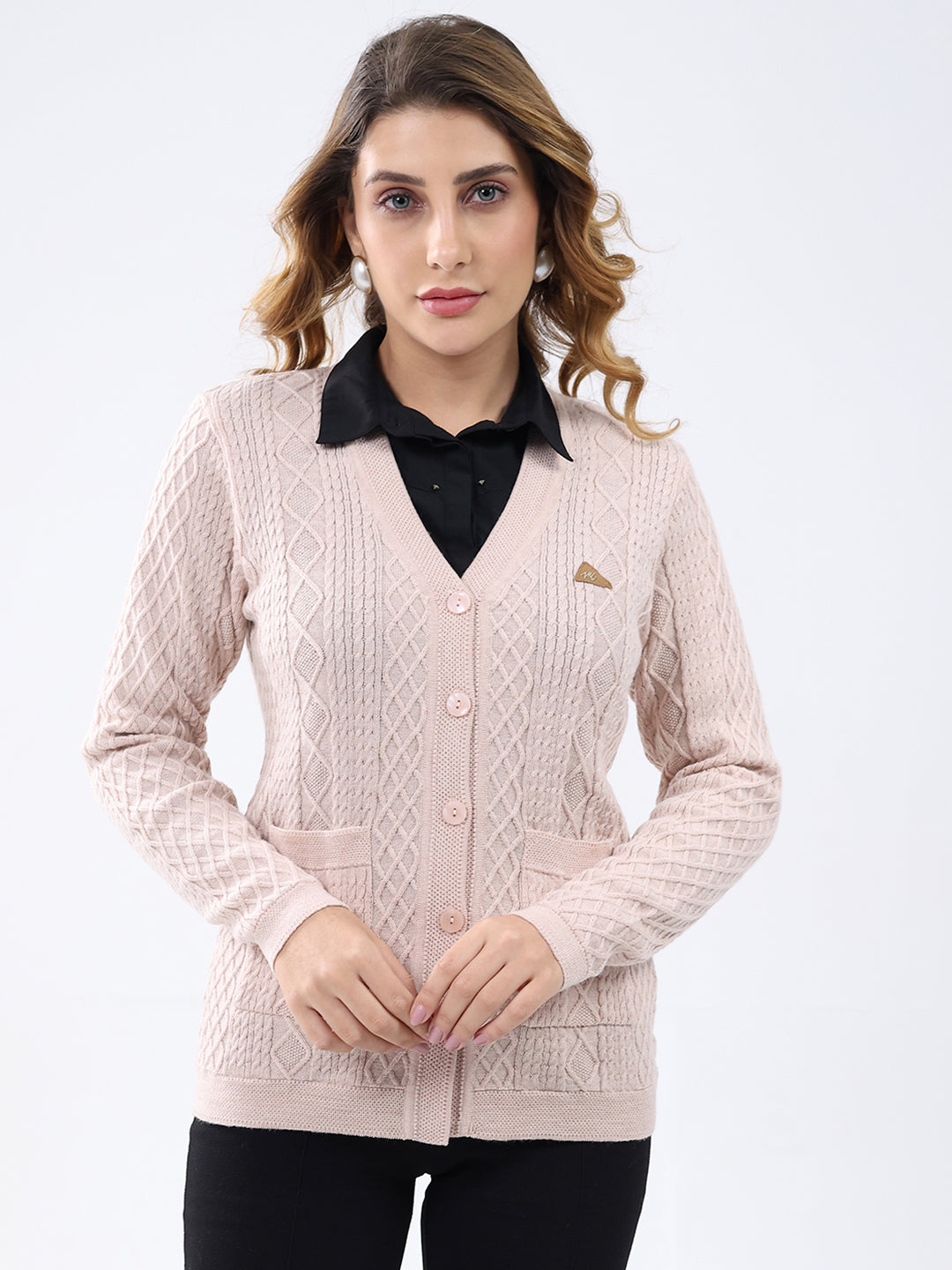 Women Light Pink Self Design V Neck Full Sleeve Cardigan