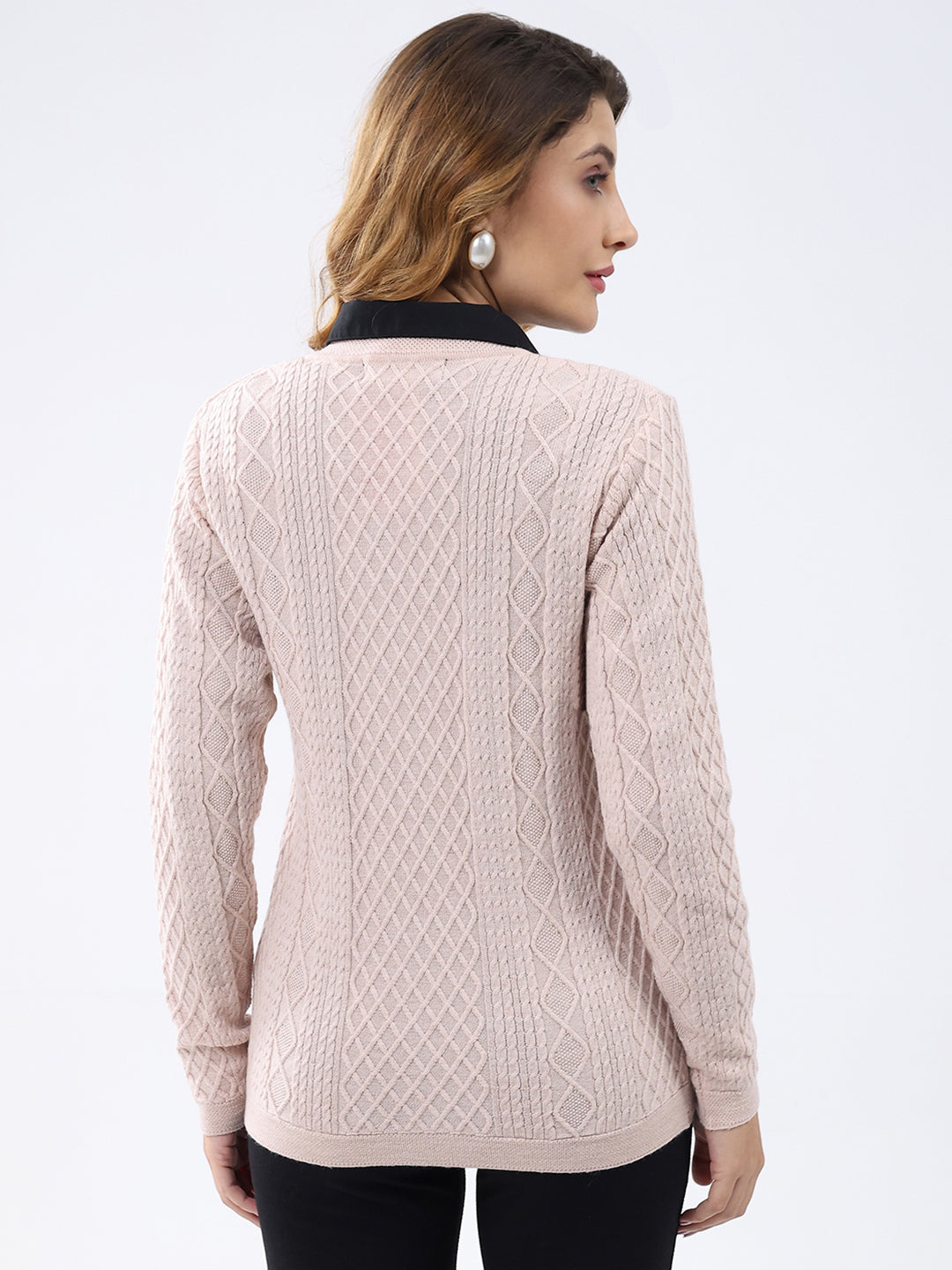 Women Light Pink Self Design V Neck Full Sleeve Cardigan