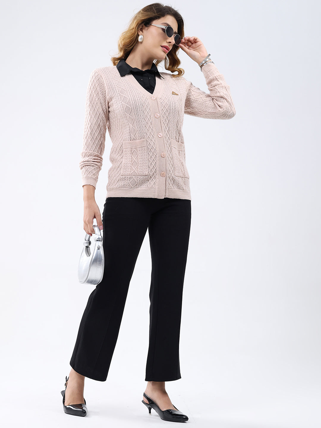 Women Light Pink Self Design V Neck Full Sleeve Cardigan