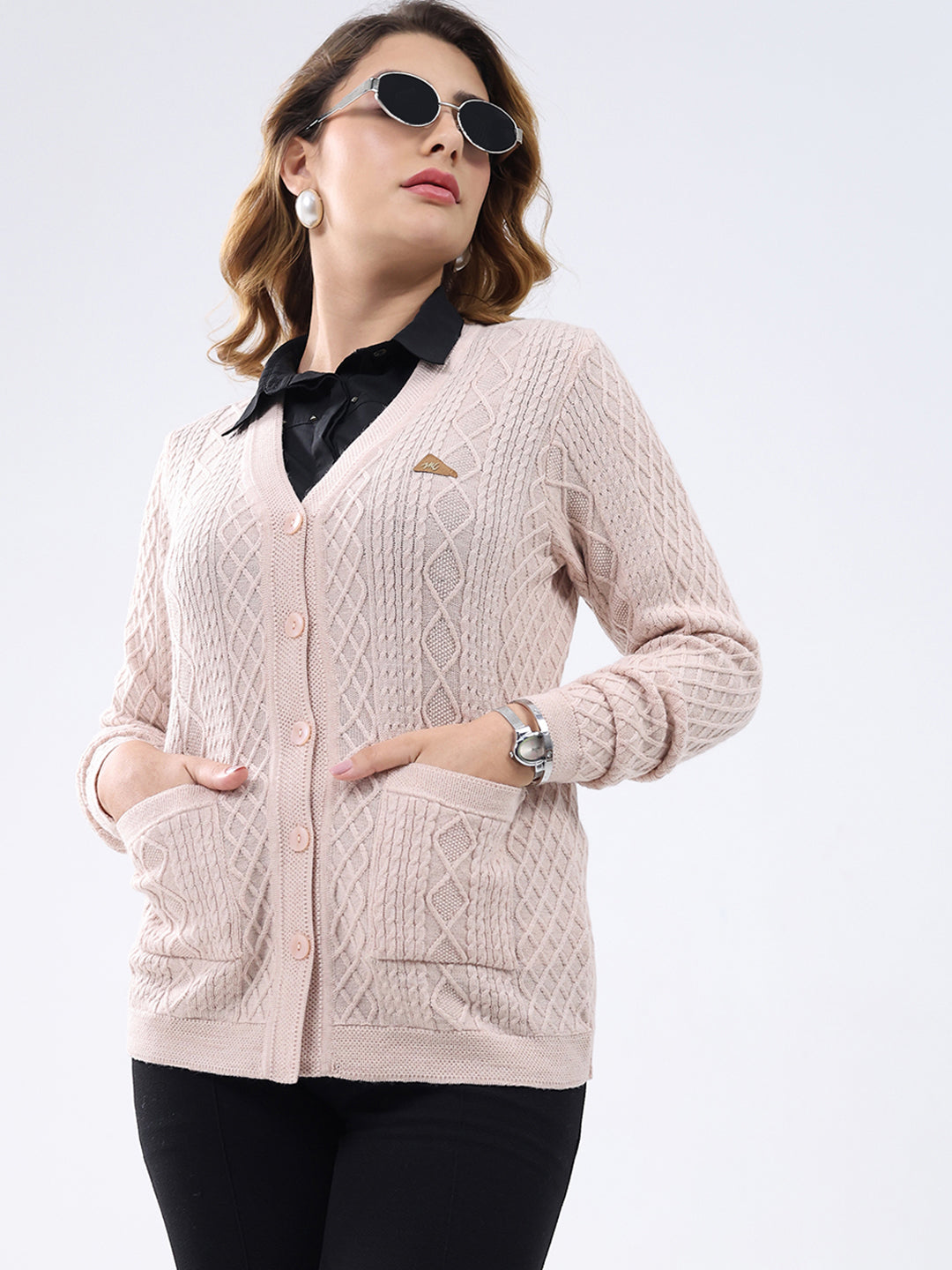 Women Light Pink Self Design V Neck Full Sleeve Cardigan