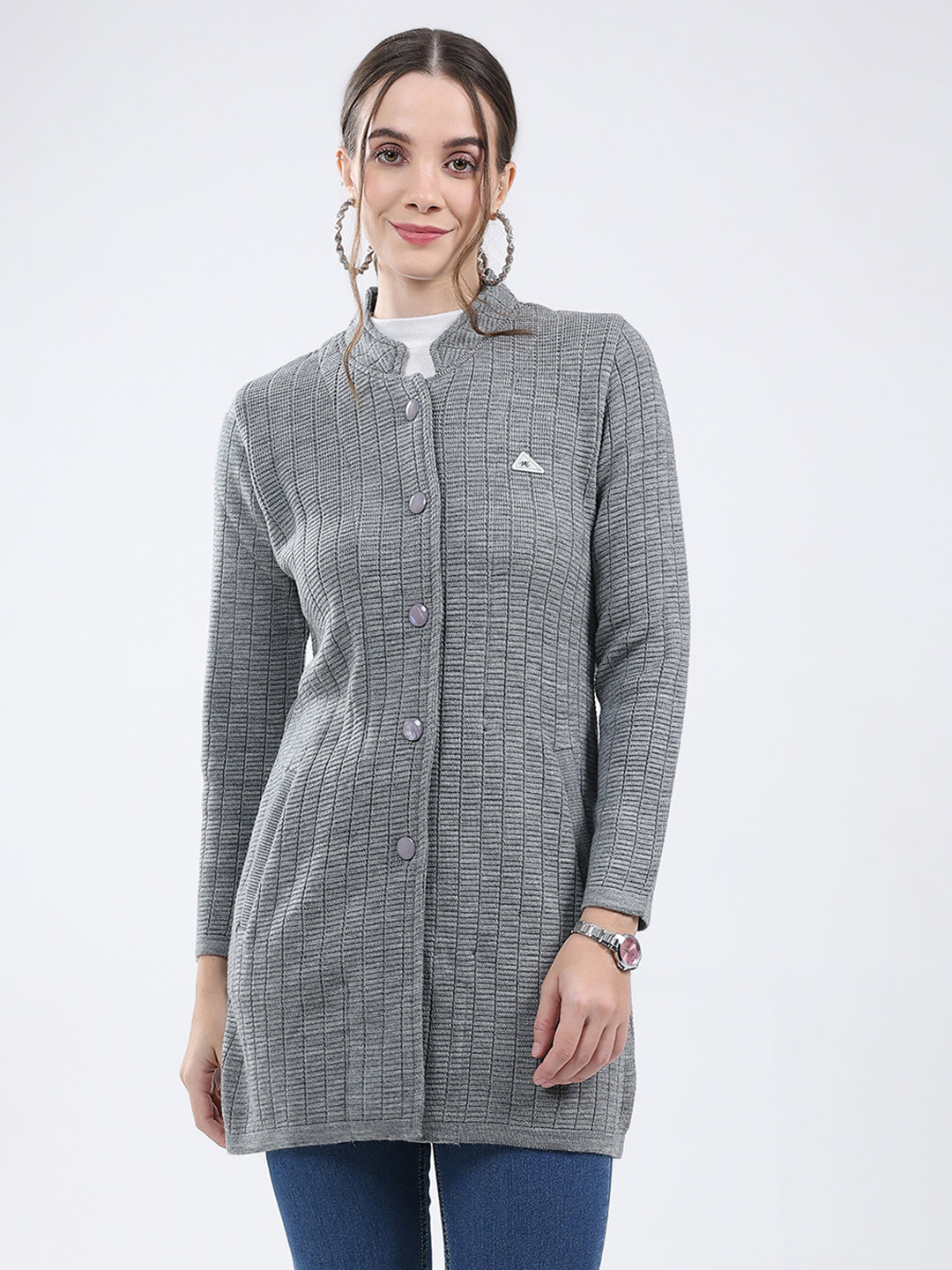 Women Grey Self Design Band Neck Full Sleeve Knitted Coat