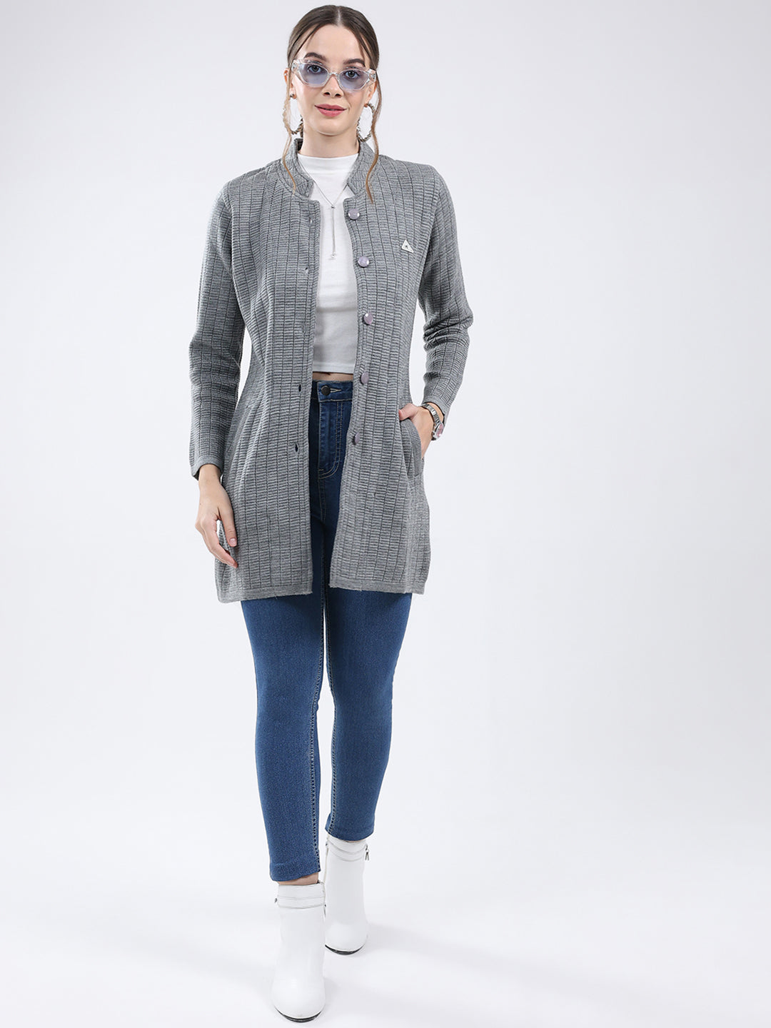 Women Grey Self Design Band Neck Full Sleeve Knitted Coat