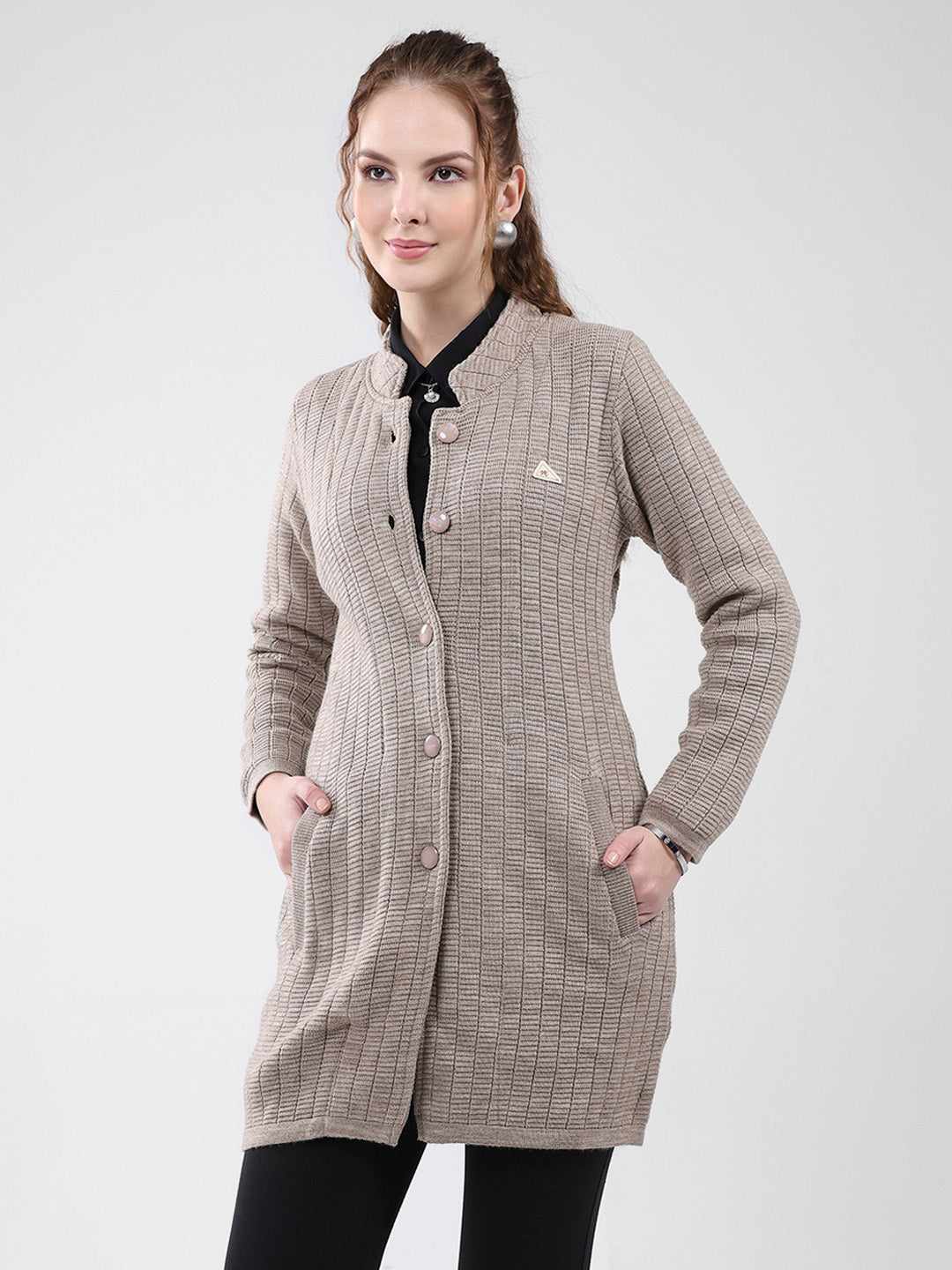 Women Beige Self Design Round Neck Full Sleeve Knitted Coat