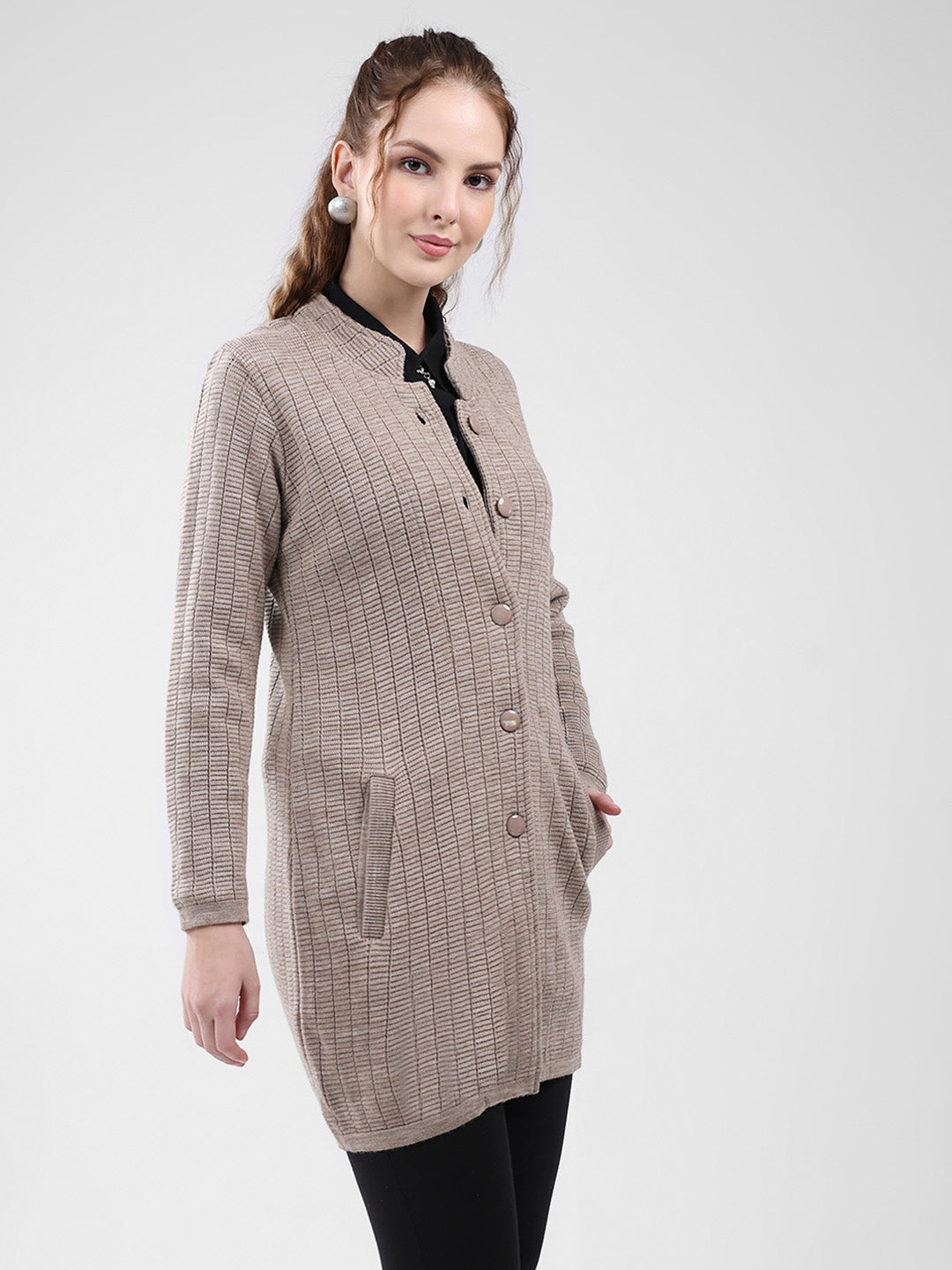 Women Beige Self Design Round Neck Full Sleeve Knitted Coat