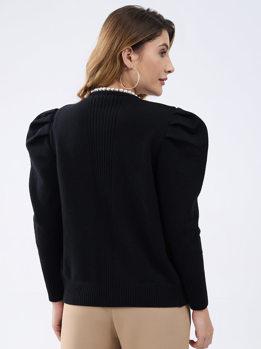 Women Black Self Design Round Neck Full Sleeve Cardigan