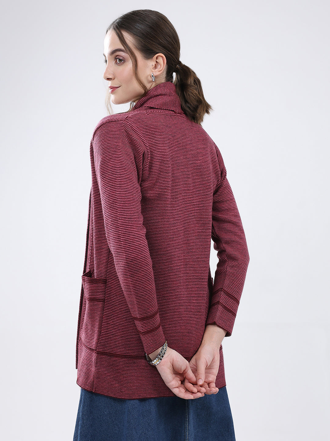 Women Maroon Self Design Front Open Full Sleeve Cardigan