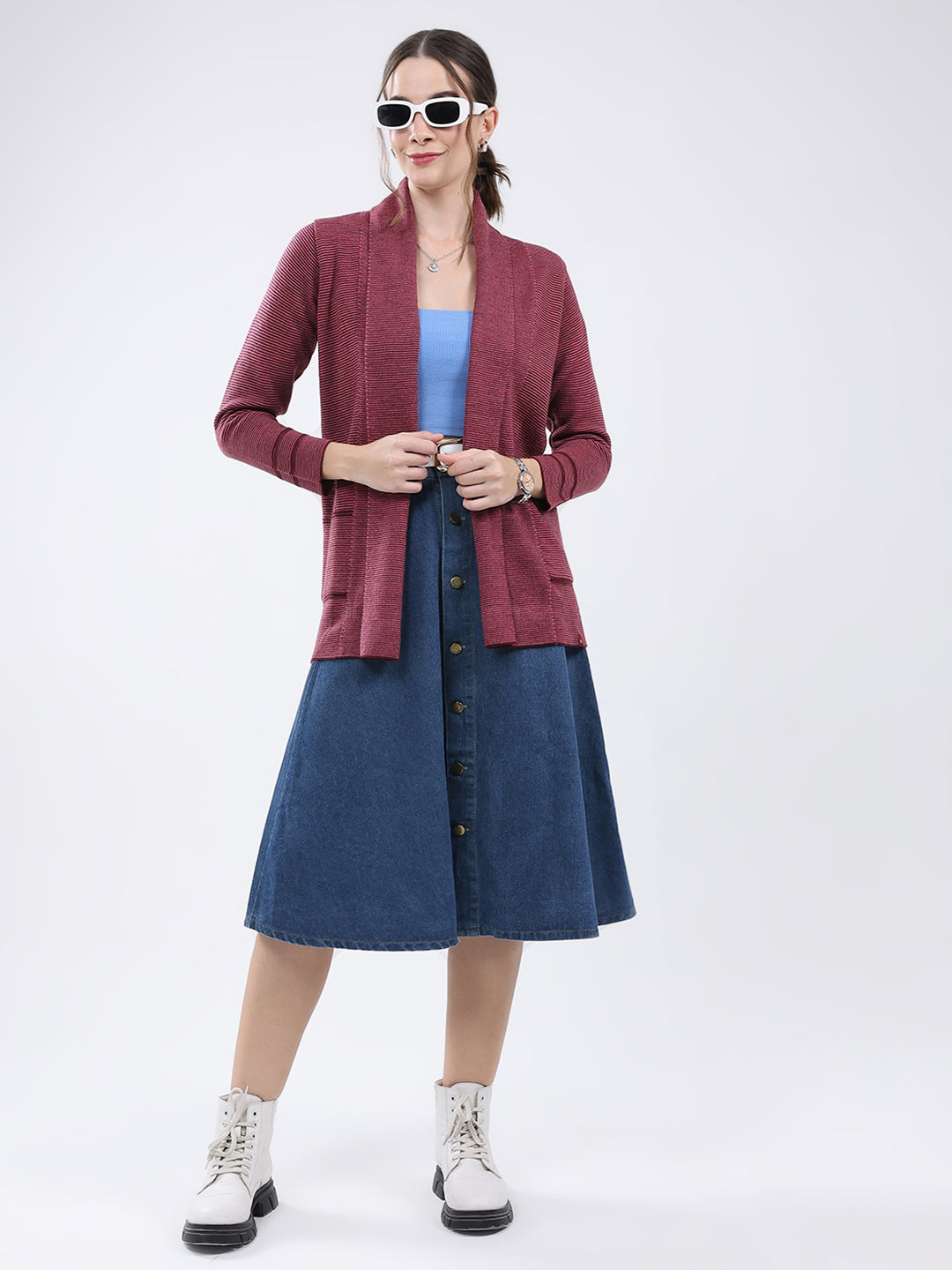 Women Maroon Self Design Front Open Full Sleeve Cardigan