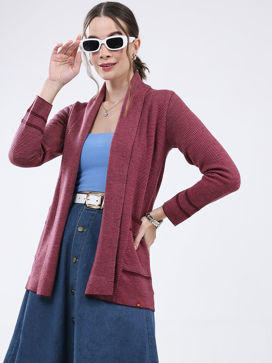 Women Maroon Self Design Front Open Full Sleeve Cardigan