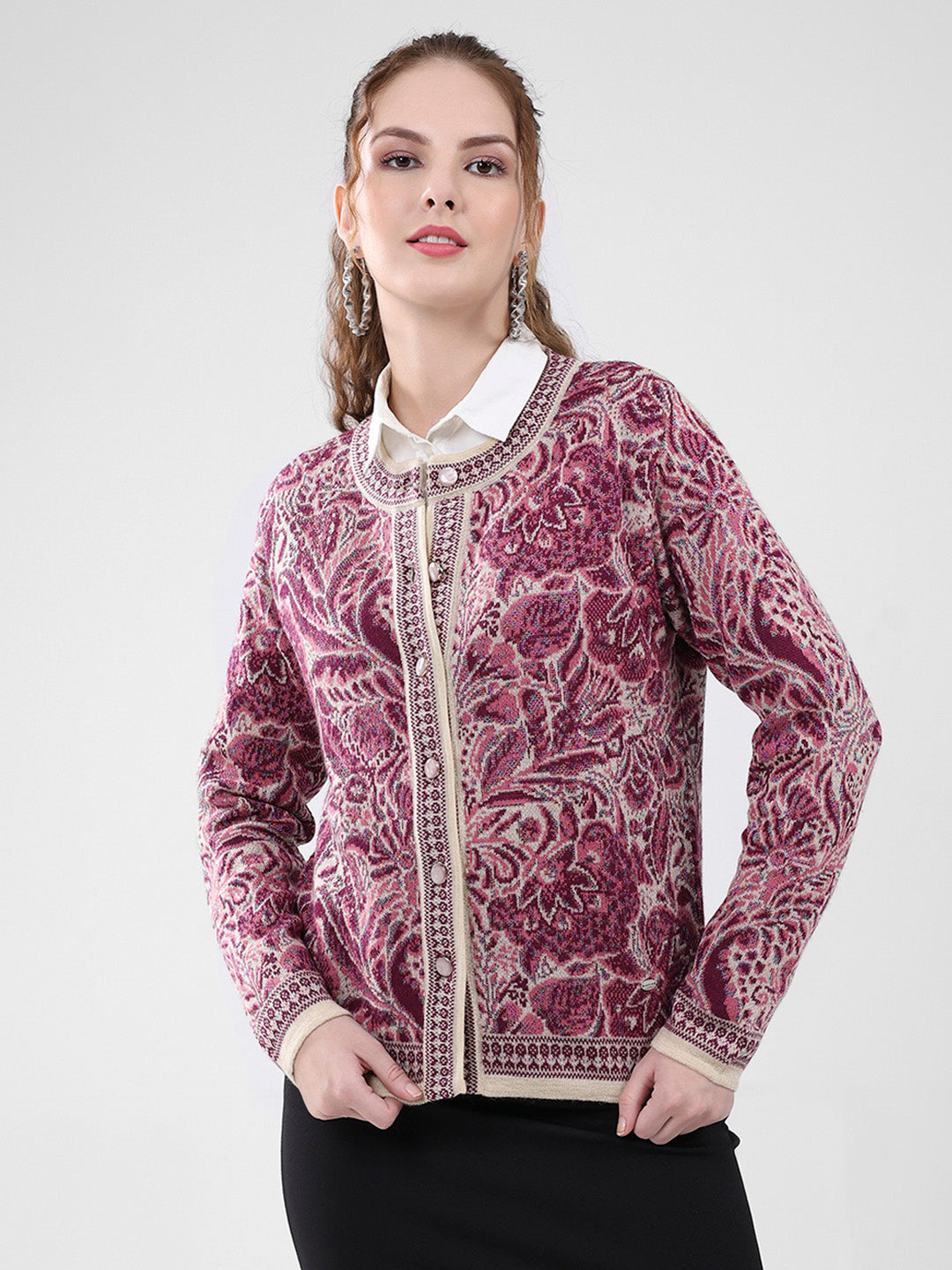 Women Pink Self Design Round Neck Full Sleeve Cardigan
