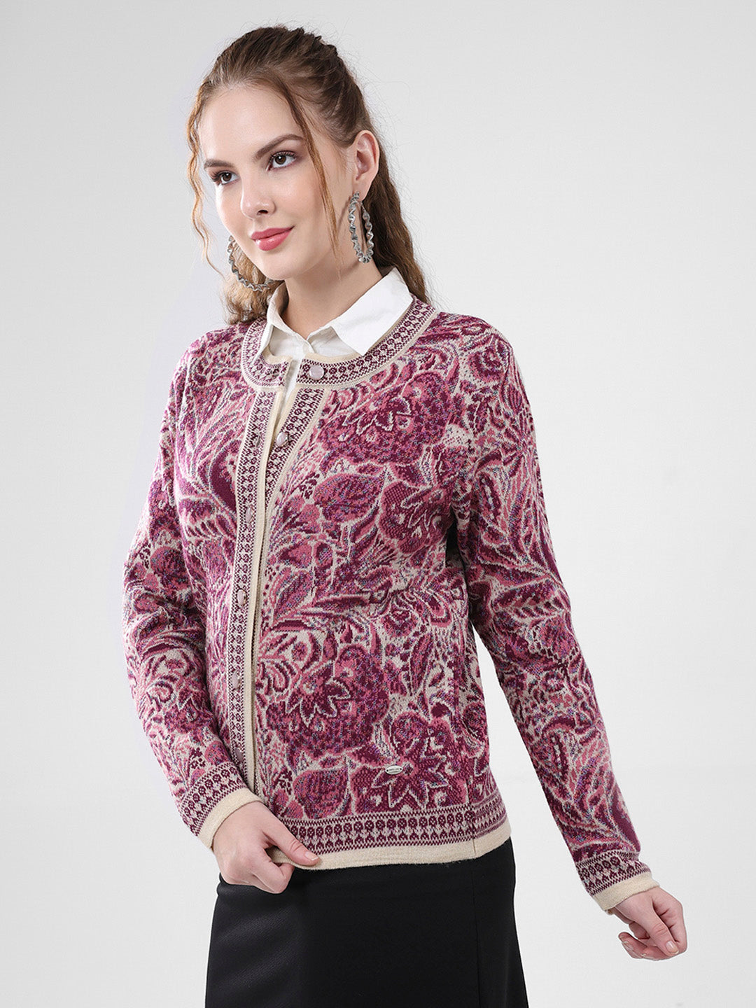 Women Pink Self Design Round Neck Full Sleeve Cardigan