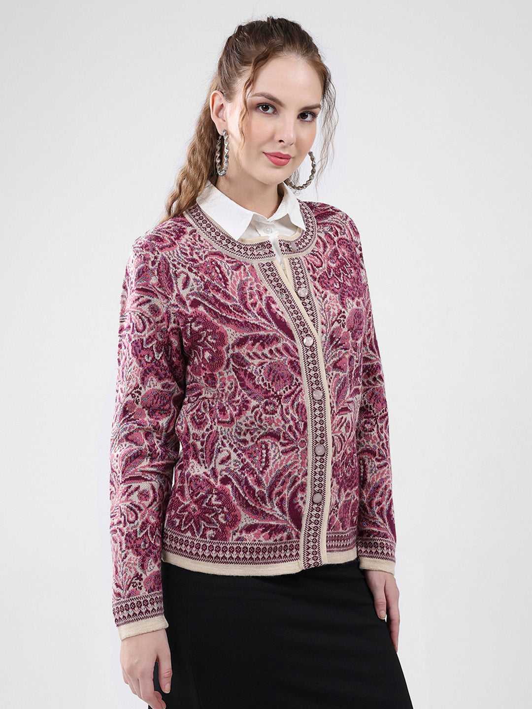 Women Pink Self Design Round Neck Full Sleeve Cardigan