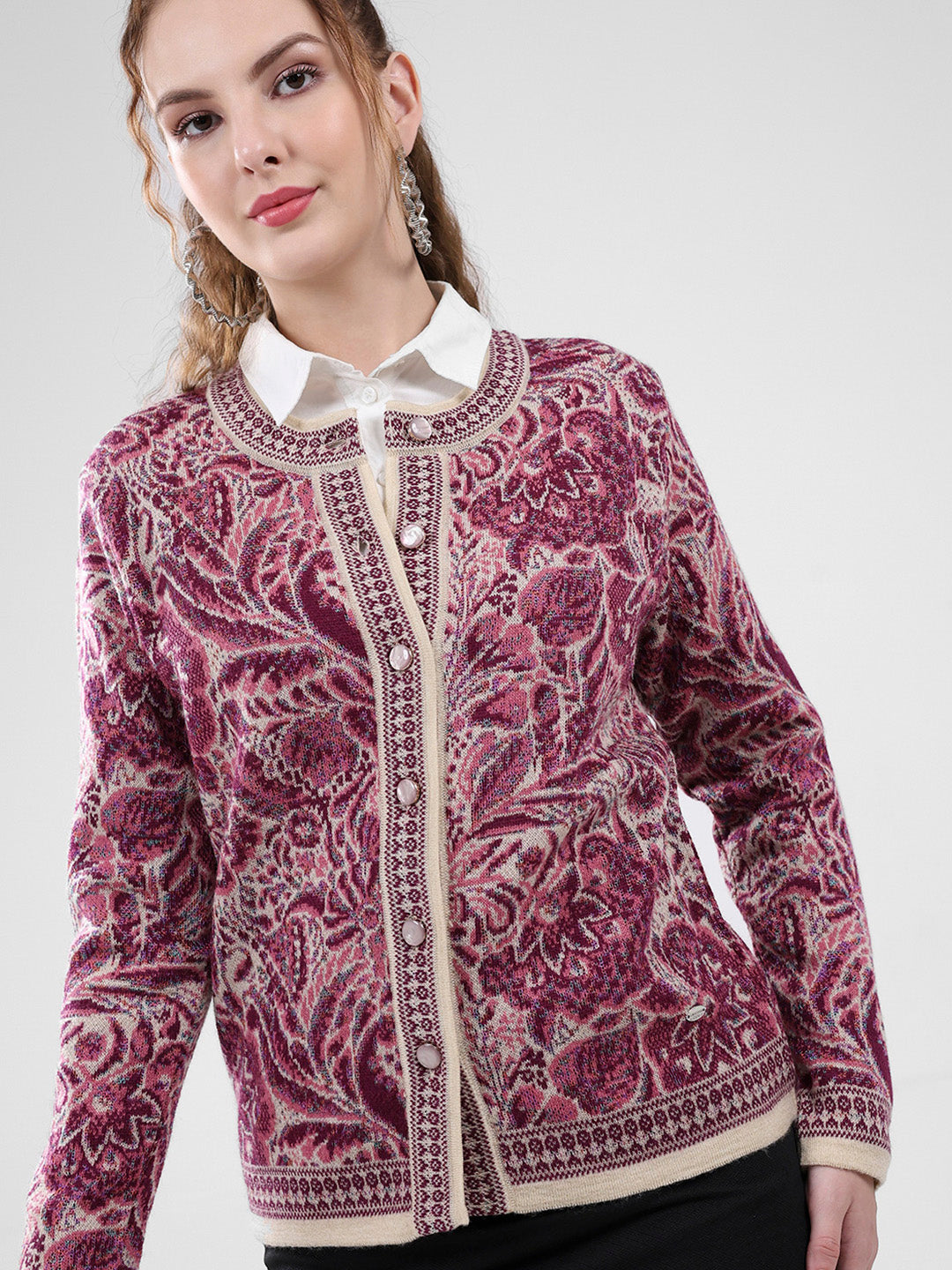 Women Pink Self Design Round Neck Full Sleeve Cardigan