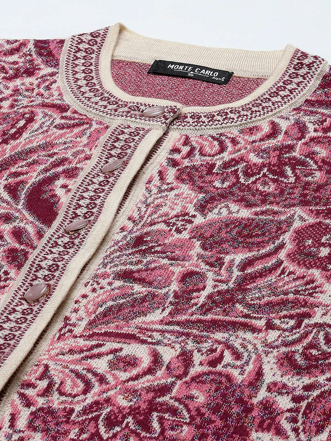 Women Pink Self Design Round Neck Full Sleeve Cardigan