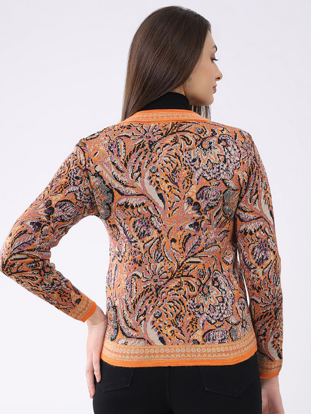 Women Orange Self Design Round Neck Full Sleeve Cardigan