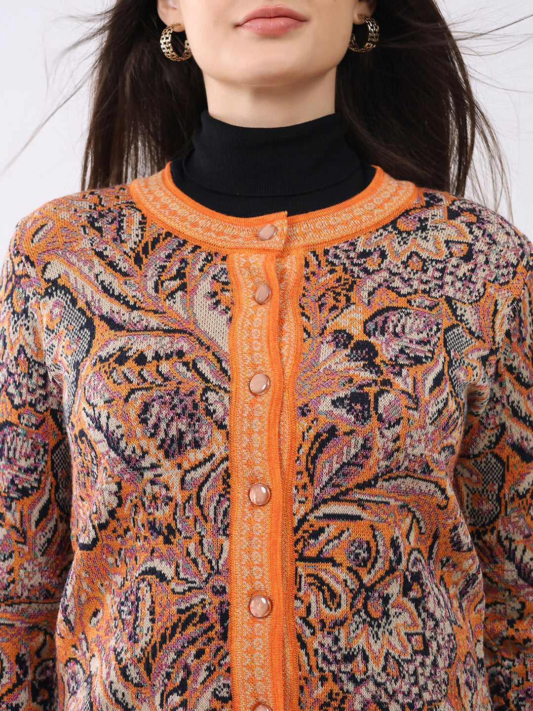 Women Orange Self Design Round Neck Full Sleeve Cardigan