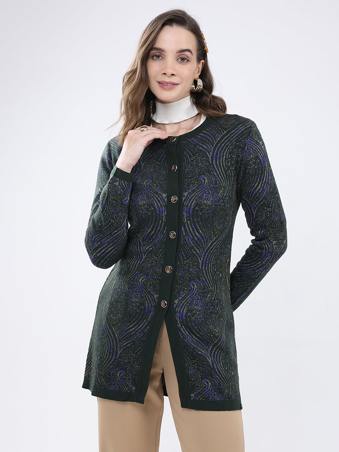 Women Green Self Design Round Neck Full Sleeve Cardigan