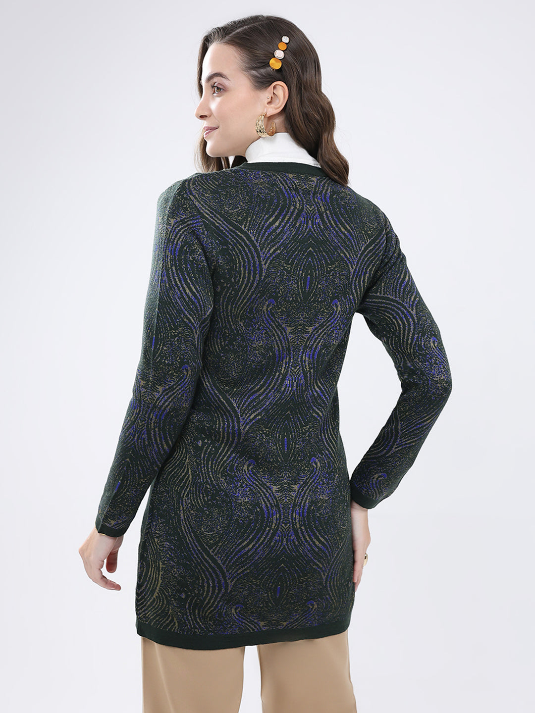 Women Green Self Design Round Neck Full Sleeve Cardigan